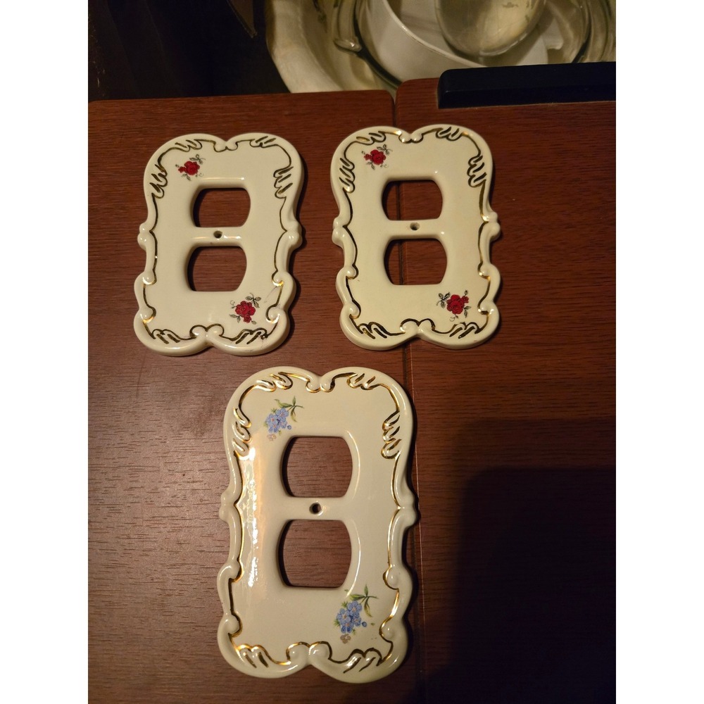 Vintage Ceramic Floral Outlet Covers Gold Gilt Porcelain Wall Plates Set of 3